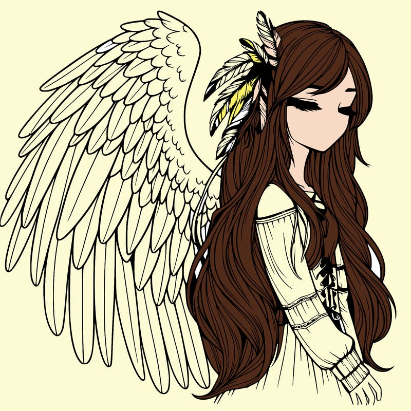 realistic girl with bird wings and some feathers in her hair