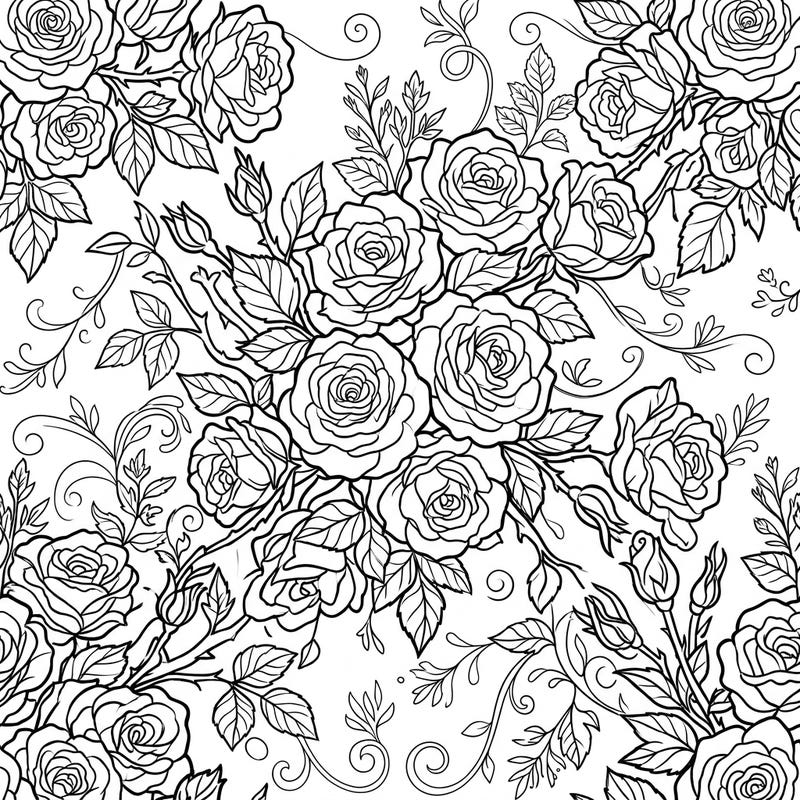 Celebrate the fresh beauty of Spring with this intricate Floribunda Roses coloring page. Discover a lush garden filled with clusters of delicate blooms and vibrant foliage, ready for your creative touch.