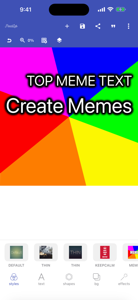 PixelLab app interface featuring a meme generator with colorful radial background and text styling tools
