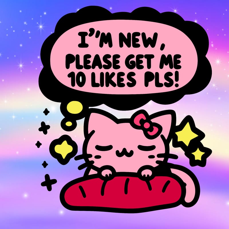 kitty taking a nap dream talking and saying "i'm new, please get me at least 10 likes pls!!"