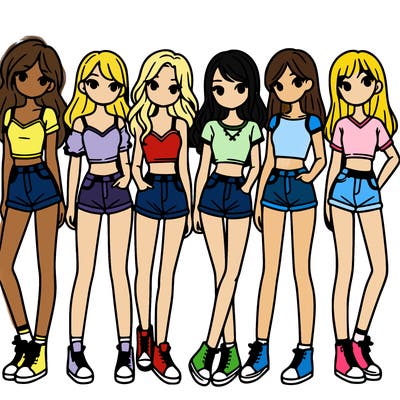 a group of girls wearing crop tops and shorts