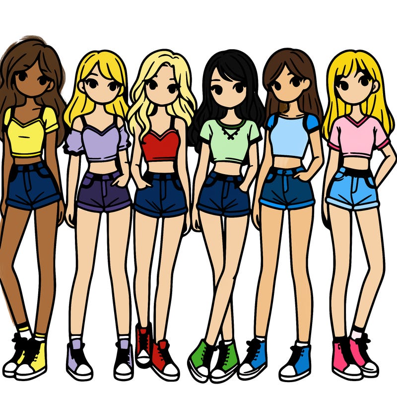 a group of girls wearing crop tops and shorts
