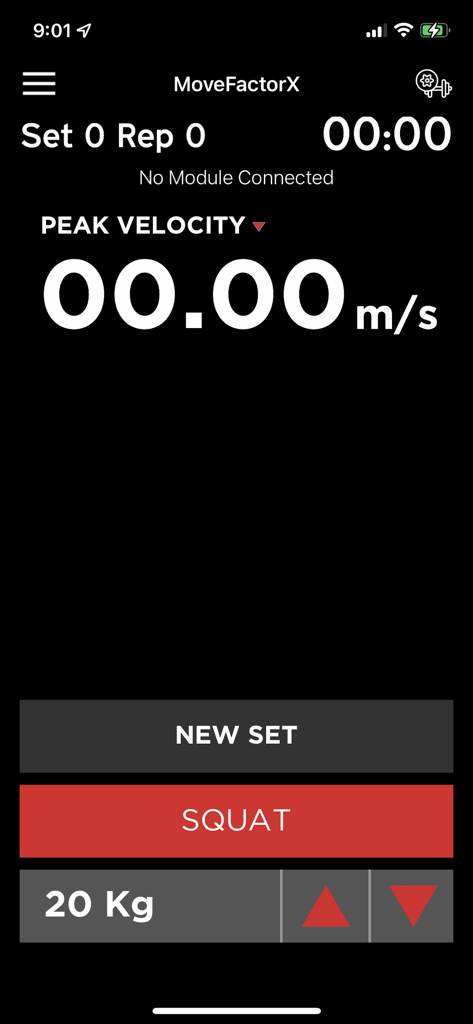 MoveFactorX - MoveFactorX workout interface displaying peak velocity and rep metrics for a squat exercise.