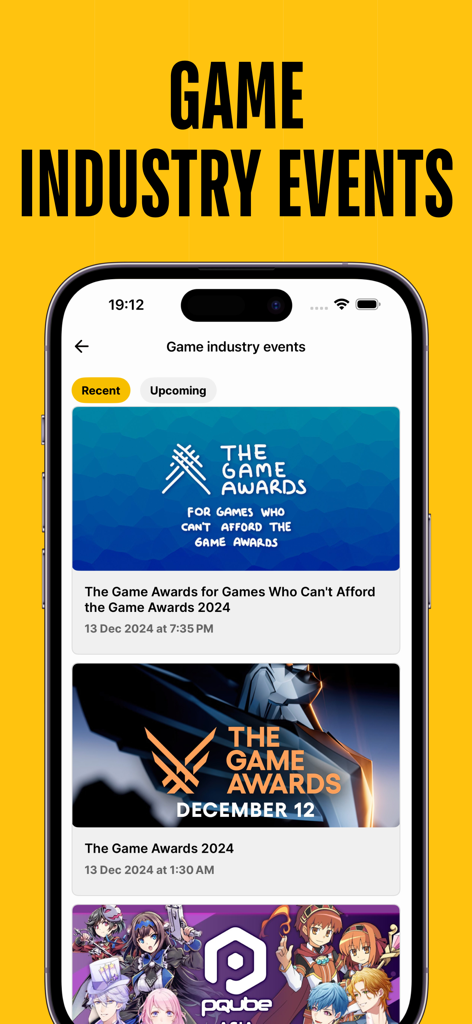 Stash - Video Games Tracker - Stash mobile app screen showing recent and upcoming video game industry events like The Game Awards