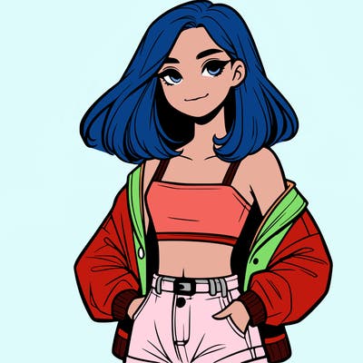 a realistic girl with a crop top and short shorts in an open jacket