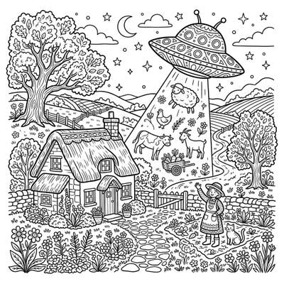 Experience a delightful twist on a classic farm scene as extraterrestrial visitors drop by. This charming coloring page blends rustic cottagecore aesthetics with a playful alien abduction.