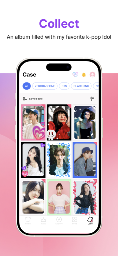 Una colección digital de photocards de ídolos K-pop decoradas mostradas en una cuadrícula dentro de la interfaz del estuche de la app tin