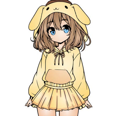 pretty anime girl wearing a fluffy hoodie with bunny ears on the hood and a skirt