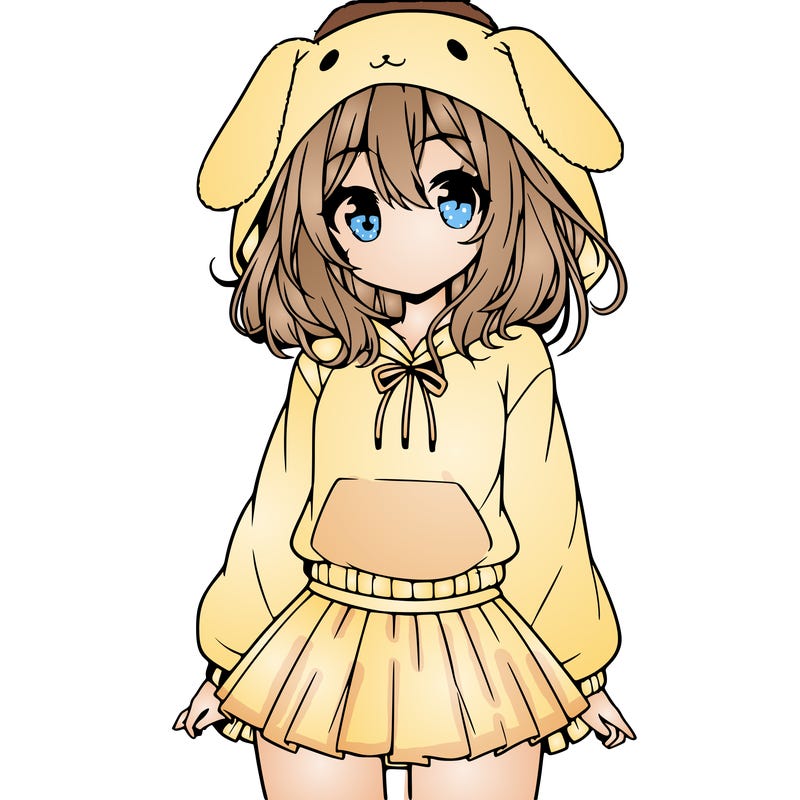 pretty anime girl wearing a fluffy hoodie with bunny ears on the hood and a skirt