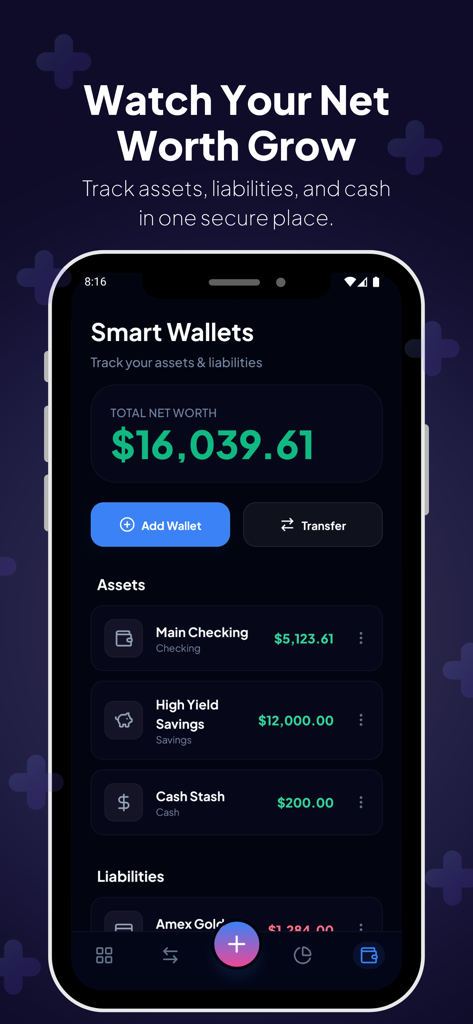 BudgetPal mobile app screen displaying total net worth with categorized lists for assets and liabilities