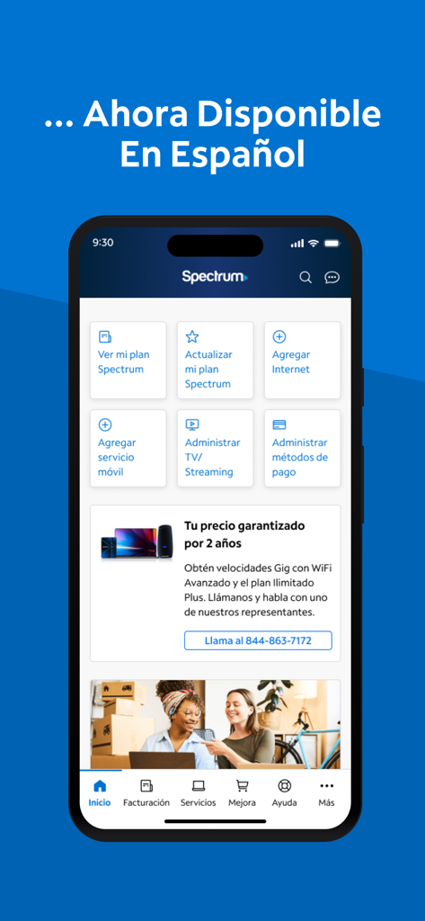 La dashboard dell'app My Spectrum visualizza le funzionalità di gestione dell'account in spagnolo.