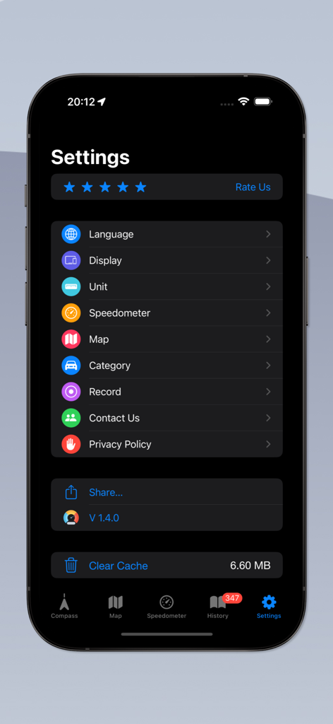 Speedometer GPS & Compass - Menú de configuración de la aplicación Velocímetro GPS y Brújula mostrando opciones de visualización de unidades, mapa y preferencias de grabación