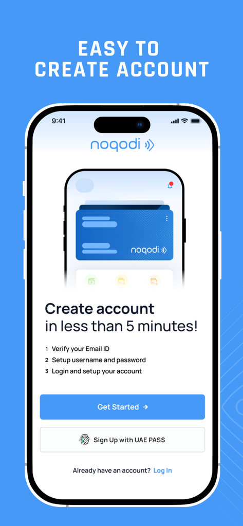 noqodi - The noqodi mobile app interface for creating a new account in three simple steps.