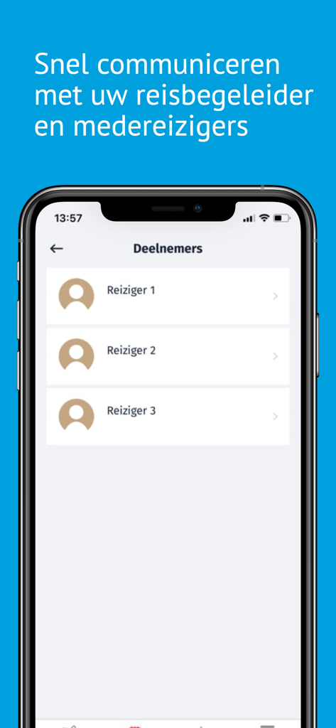 Thema Travel - 소통을 위한 투어 그룹 참가자 목록을 표시하는 테마 트래블 앱 화면입니다.