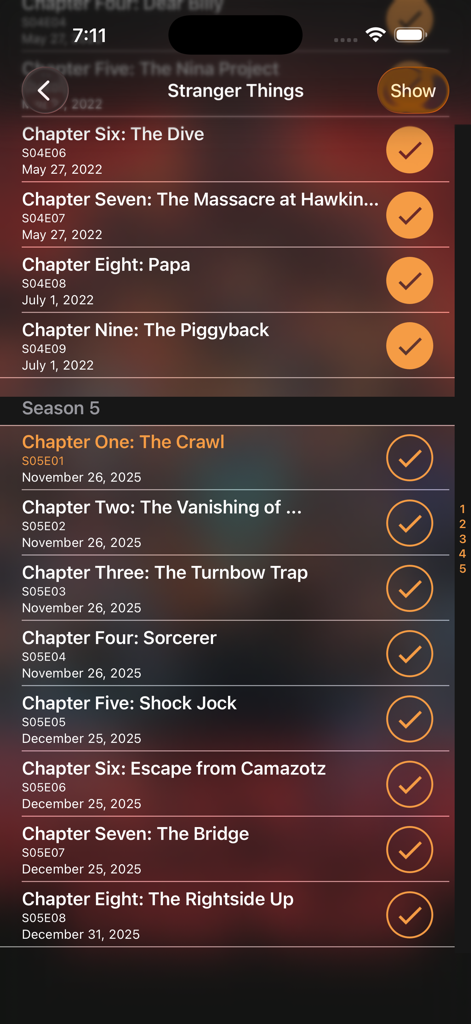 Screenshot dell'app Television Time che mostra un elenco di episodi della serie TV Stranger Things con segni di spunta che indicano lo stato di visione