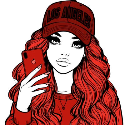 realistic beautiful girl wearing los ángeles cap holding an iphone