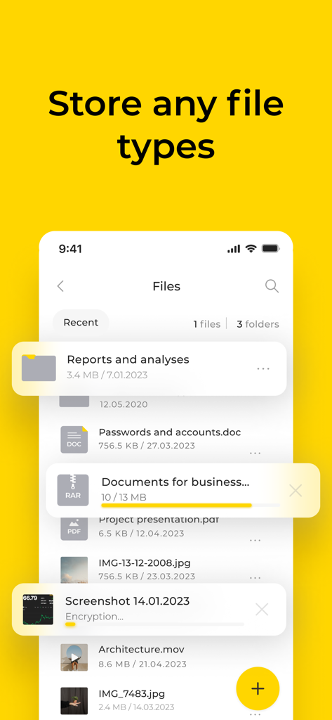 DeNet Storage & Watcher Node - DeNet Storage app interface showing a variety of stored file types including documents, images, and videos