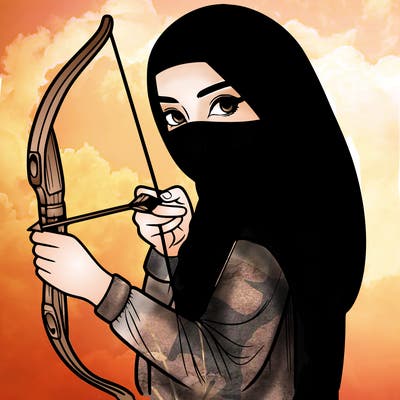 realistic muslim woman with covered face holding a drawn bow
