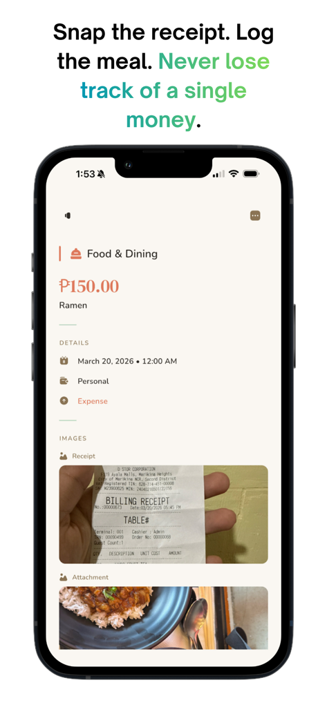 BudGIT AI - Offline Budget App - BudGIT AI mobile app interface showing a food expense entry with a scanned receipt and meal photo attachment for offline budgeting.