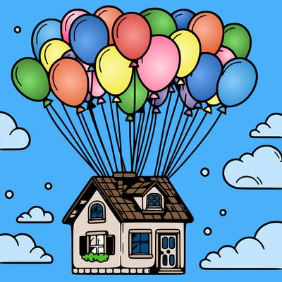 house floating from lots of balloons