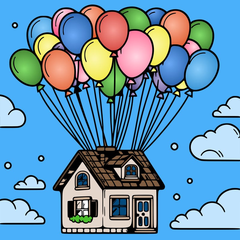 house floating from lots of balloons