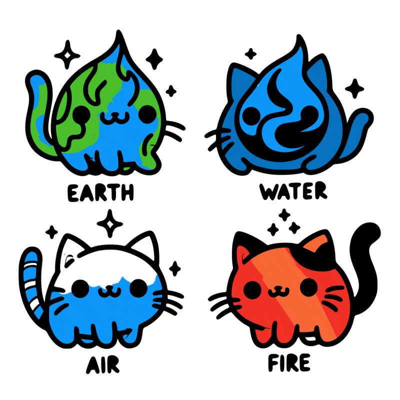 4 cats that represent the different elements, earth, water, air, and fire