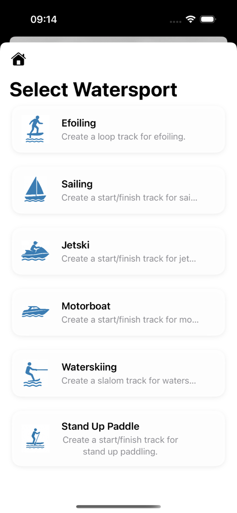 Watersport Race Tracker - Selection screen in the Watersport Race Tracker app showing options for eFoiling, sailing, jet skiing, motorboating, water skiing, and paddle boarding.