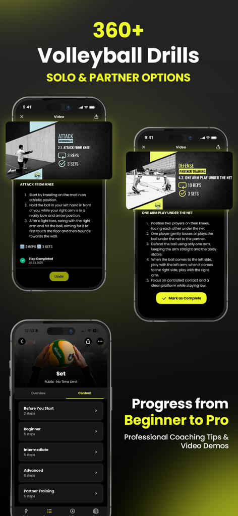 Screenshots of VolleyTrain app showing various volleyball drills for solo and partner training with video demonstrations