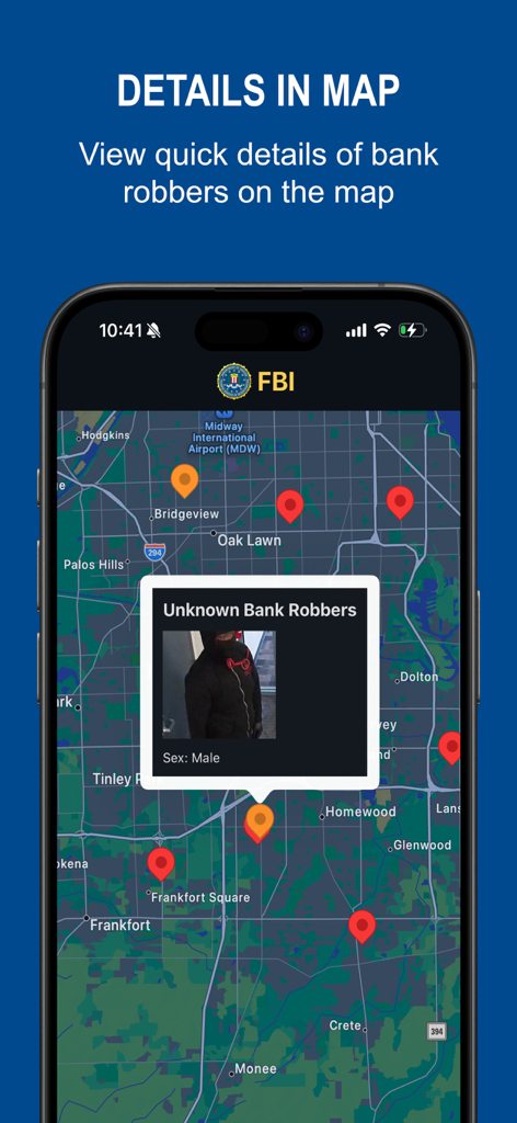FBI Bank Robbers - A map interface in the FBI Bank Robbers app showing crime locations and suspect details in a pop up