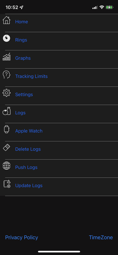 Menú de navegación principal de la aplicación Nutrition plus que muestra opciones de anillos de salud, gráficos y límites de seguimiento