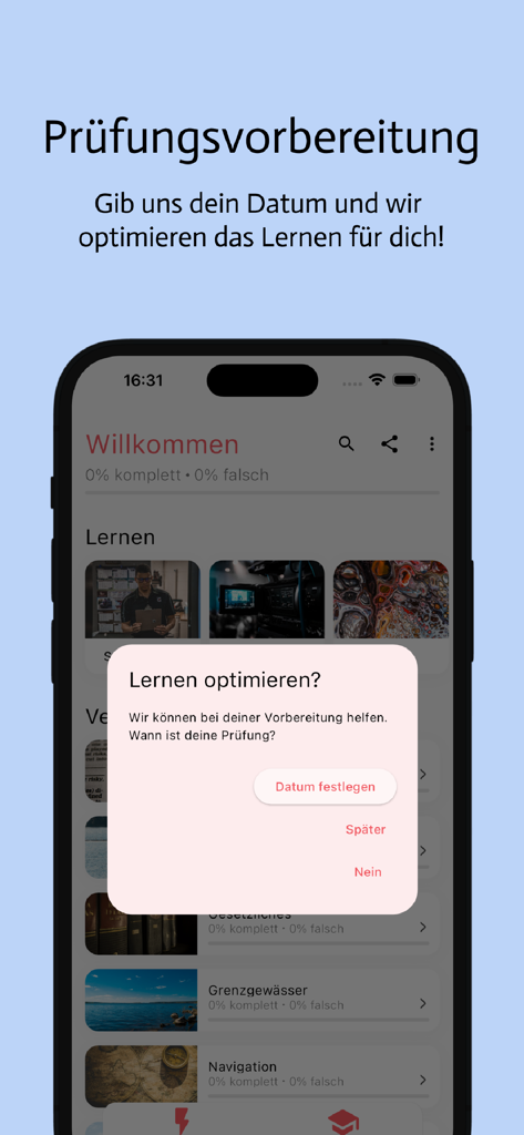 Bootsprüfung Schweiz 2025 - 최적화된 학습 계획을 위해 시험 날짜 설정을 위한 프롬프트를 보여주는 스위스 보트 시험용 모바일 앱 화면