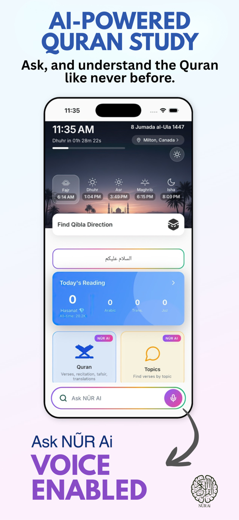 Quran Majeed NUR AI & Tafsir - Screenshot of Quran Majeed NUR AI app showing the main dashboard with prayer times and voice enabled AI search bar