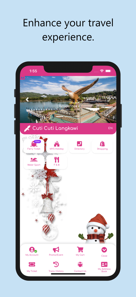 Home screen of Cuti Cuti Langkawi mobile app featuring travel booking categories like ferry tickets and local tours