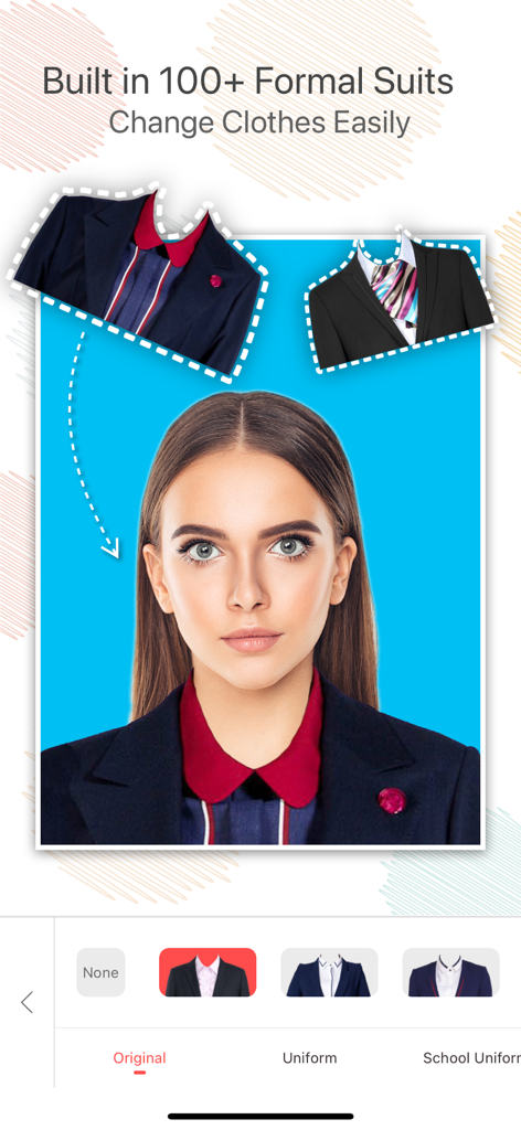 Screenshot showing a woman's ID photo with options to virtually overlay different formal suits and professional clothing.