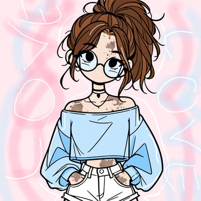girl with a messy ponytail glasses a baggy crop top and jean shorts