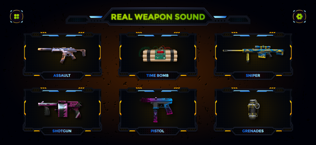 Real Gun Sounds Simulator. - Menú de selección que muestra categorías de armas que incluyen rifles de asalto, bombas de tiempo, francotiradores, escopetas, pistolas y granadas.