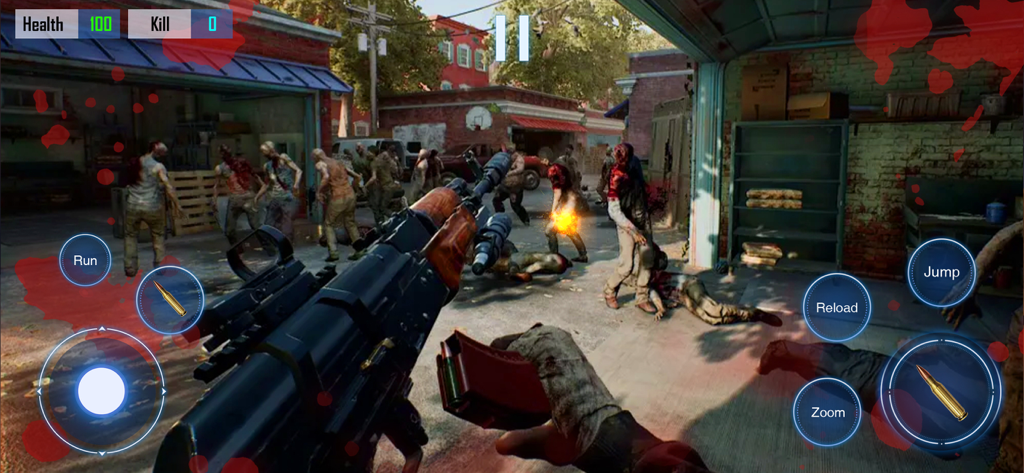 First-person perspective of a zombie shooter game featuring an assault rifle and a suburban environment with on-screen controls