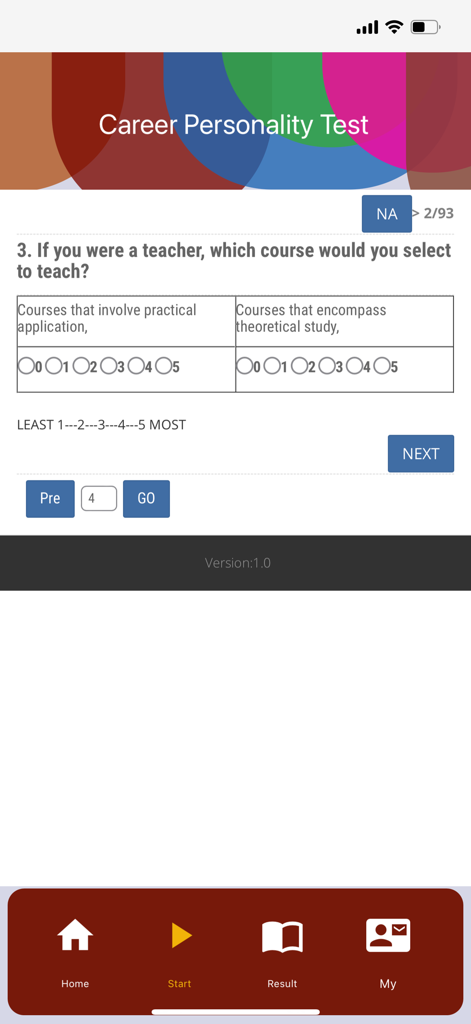 16Personalities Test (93Q) - A screenshot of the 16Personalities app showing a career-focused personality test question about teaching preferences.