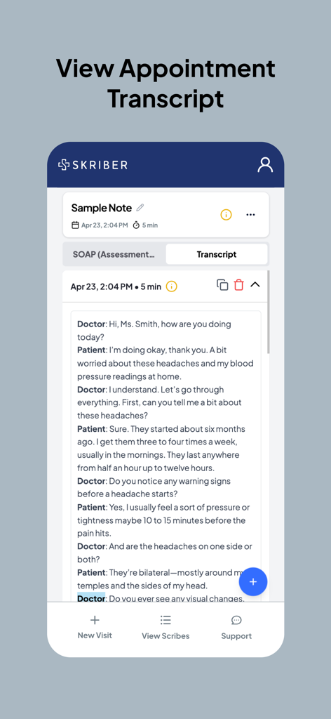 A mobile interface of the Skriber app displaying an AI-generated transcript of a medical consultation between a doctor and a patient.