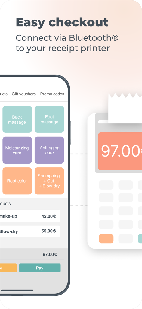 Salonkee PRO - Schermata di check-out dell'app mobile Salonkee PRO che mostra la selezione dei servizi del salone e le opzioni di pagamento