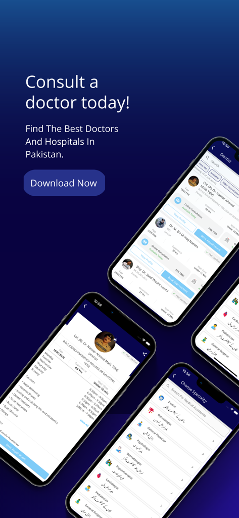Interface mobile de l'application InstaCare pour consulter des médecins et trouver des hôpitaux au Pakistan