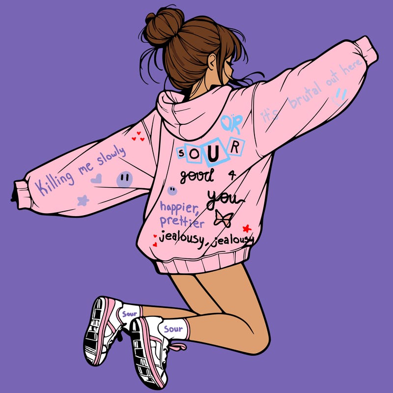 realistic girl jumping with a bun and oversized sweatshirt