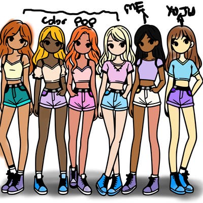 a group of girls wearing crop tops and shorts