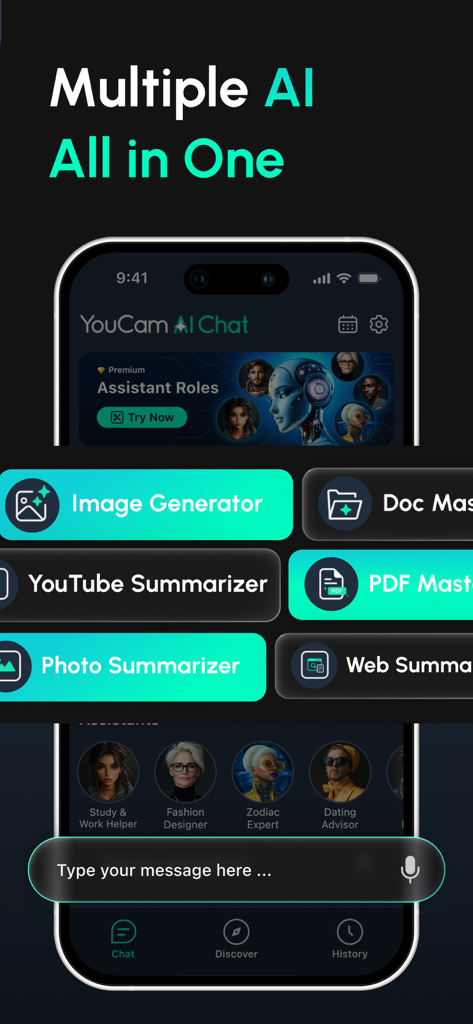 YouCam AI Chat mobile App-Oberfläche mit mehreren KI-Tools und Assistenten
