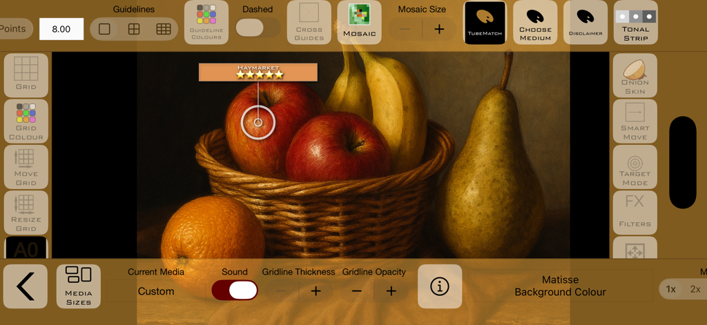 CopyIt The Grid Drawing Method - Interfaz de aplicación de dibujo con cuadrícula digital que muestra una pintura de naturaleza muerta de frutas con herramientas avanzadas para artistas y selector de color.