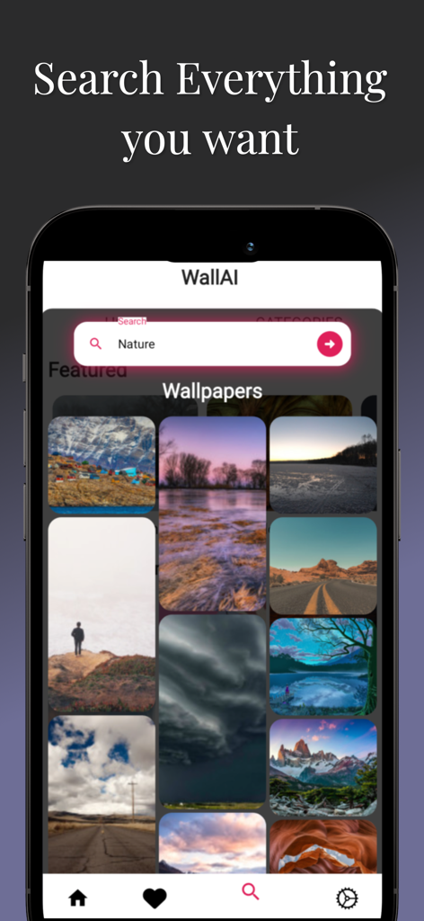 EdgeAura: Wallpaper AI - Pantalla de búsqueda de la aplicación EdgeAura mostrando una cuadrícula de fondos de pantalla de IA con temática de naturaleza.