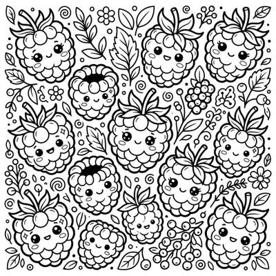 Explore a delightful field of smiling, plump raspberries in this charming Kawaii coloring page. With their cheerful faces and bold outlines, these berries are ready for your creative touch.