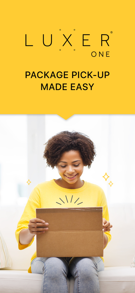 Luxer One - A smiling woman opening a delivery box with the Luxer One slogan package pick up made easy