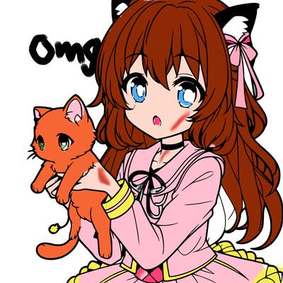 an anime girl holding a kitten