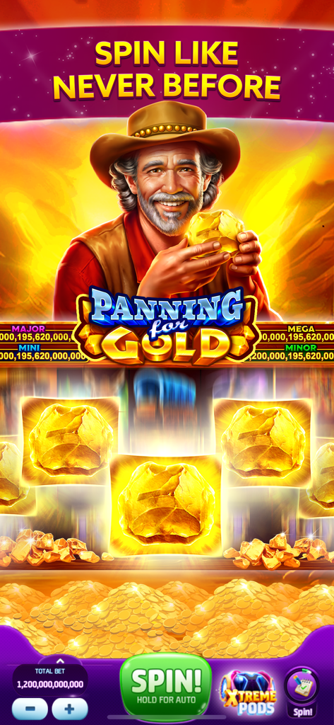 Slotomania™ Slots Machine Game - Slot machine Panning for Gold di Slotomania con un personaggio cercatore d'oro e simboli di pepite d'oro.